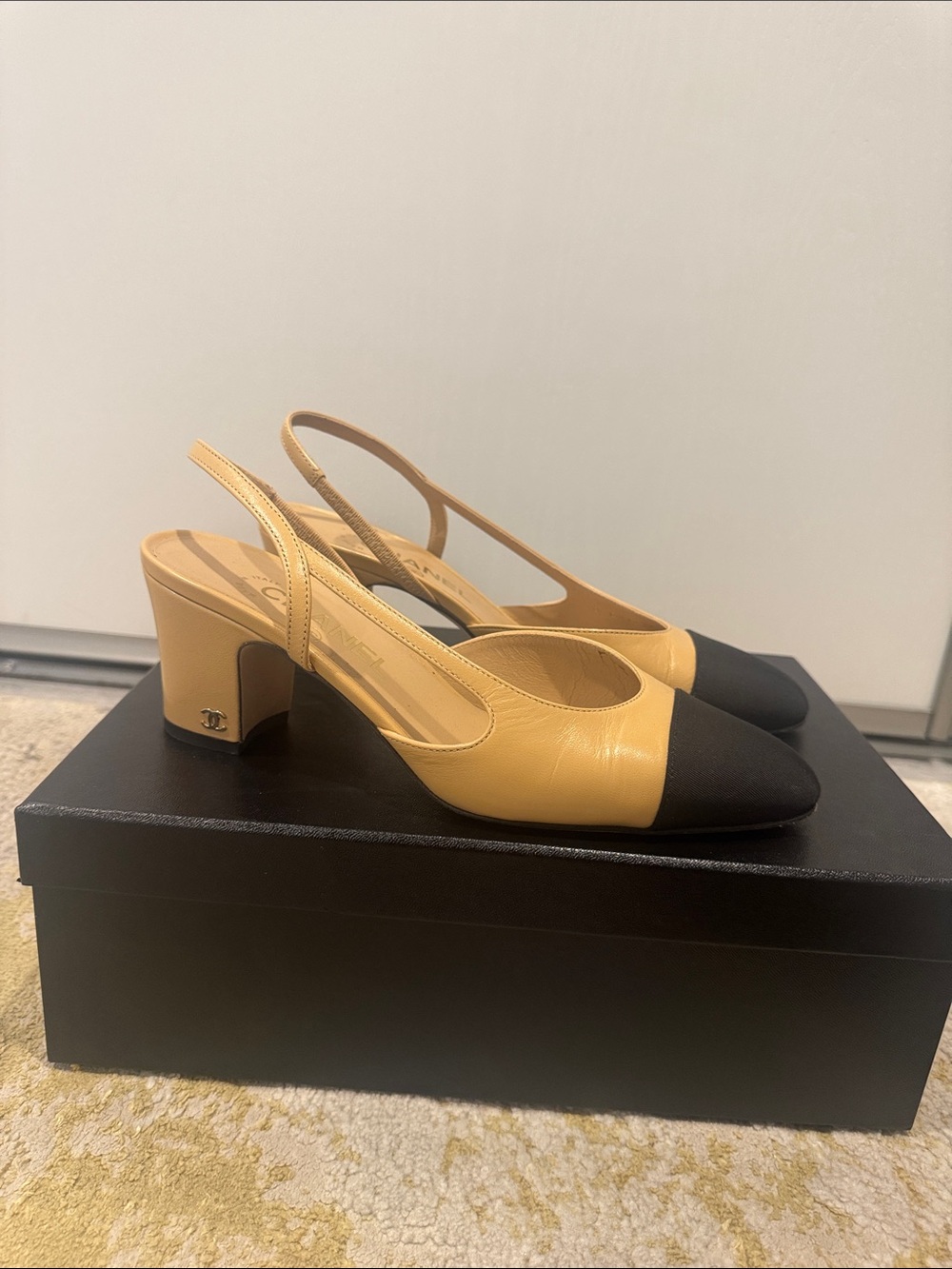 CHANEL Yellow and Black Two-Tone Slingback Block Heels